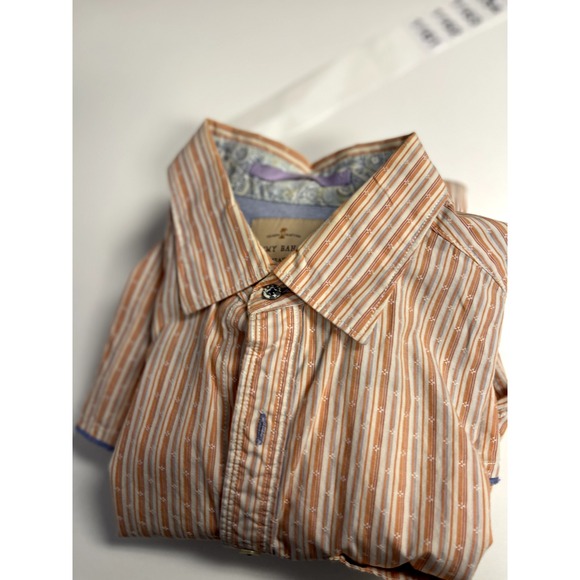 Tommy Bahama Shirt Island Crafted Mens Medium Cotton‎ Orange White Gray Striped - Picture 14 of 15